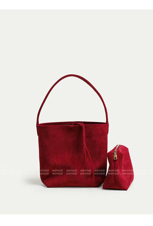 Autumn and winter new red wedding bag bridal bag suede bucket bag large capacity mother-in-law bag tote bag portable armpit bag