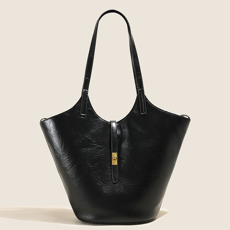 Cowhide large bag niche soft leather tote bag for women large capacity high-end black commuter bag shoulder bucket bag genuine leather