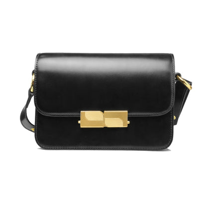 2023 Spring and Summer New Genuine Leather Women's Bag Black Simple Texture Genuine Retro Lock Shoulder Bag Crossbody Small Square Bag