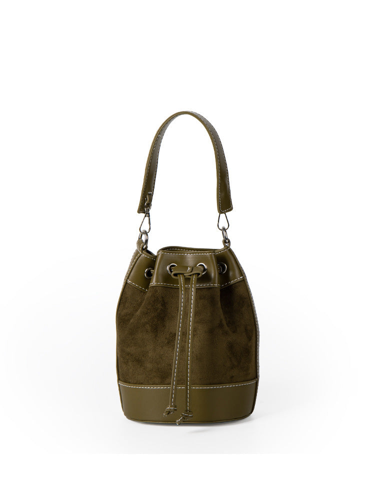 Niche retro high-end suede bucket bag 2023 autumn and winter new style spliced PU shoulder bag versatile handbag