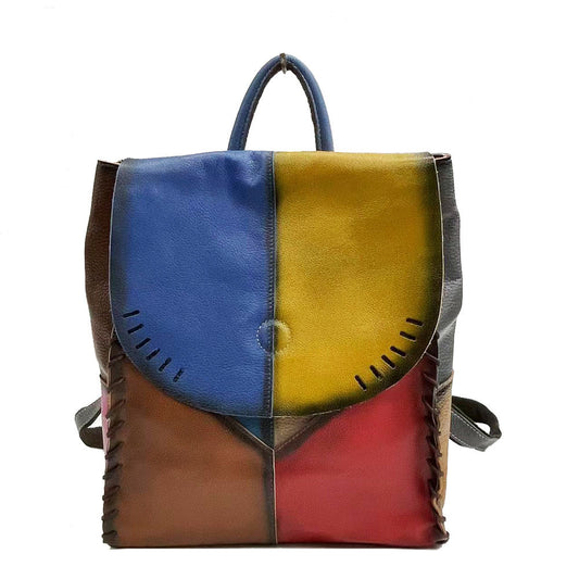 2023 new style cowhide color-blocked women's bag retro hand-rubbed color women's bag genuine leather backpack backpack one-piece drop shipping