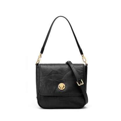 2023 new style hand-grabbed cowhide underarm bag for women, high-end pleated black retro tote bag, crossbody shoulder bag