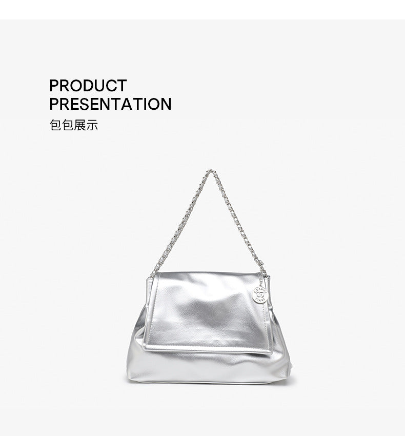 Korean version of the new fashionable silver shoulder armpit bag, trendy lady's shoulder portable hobo bag, large-capacity tote bag