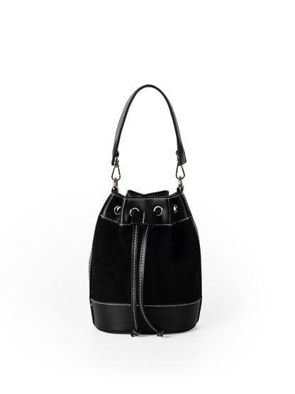 Niche retro high-end suede bucket bag 2023 autumn and winter new style spliced PU shoulder bag versatile handbag