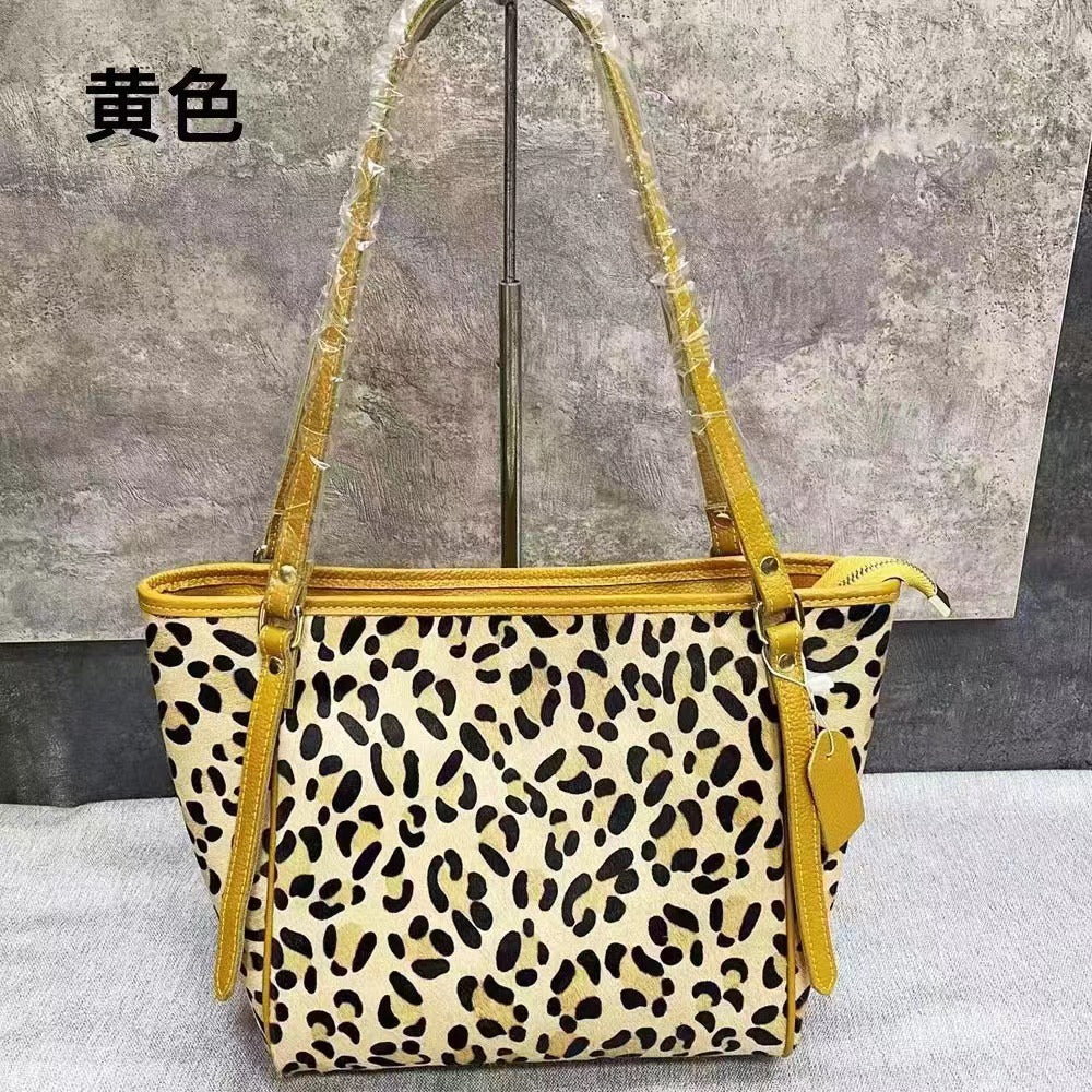 Spot European and American fashion women's bag genuine leather horse hair leopard print tote bag fashion versatile shoulder bag women's A4 file bag