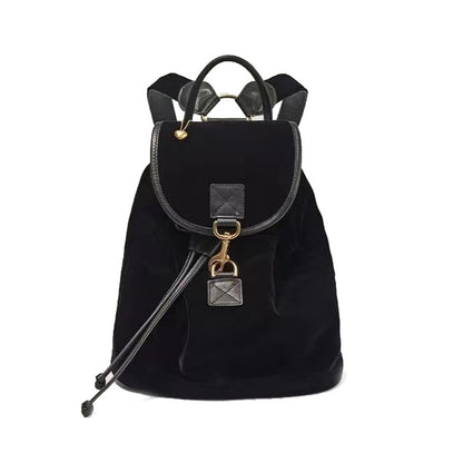 Internet celebrity's same style genuine leather women's bag niche retro velvet backpack backpack one shoulder portable eight milk Korean black