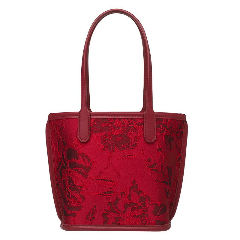 2023 new trendy tote bag large capacity handbag texture retro shoulder bag red bridal wedding bag