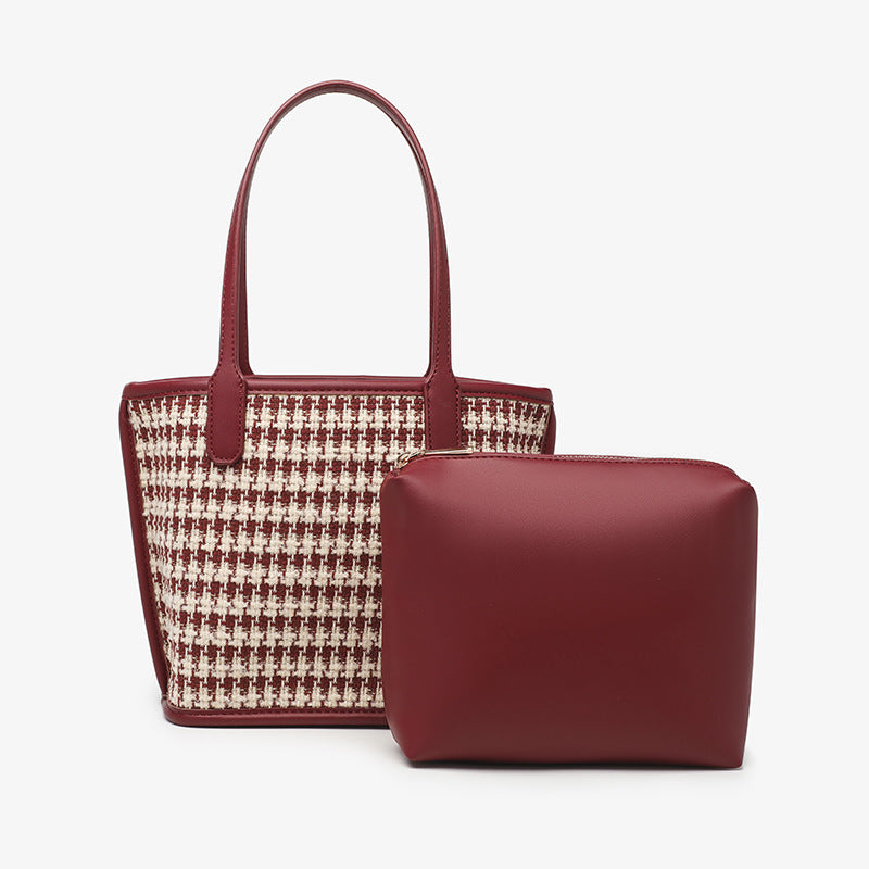 Niche Houndstooth Handbag Women's Bag 2023 Summer New Woolen Vegetable Basket Bag Bridal Wedding Red Bag