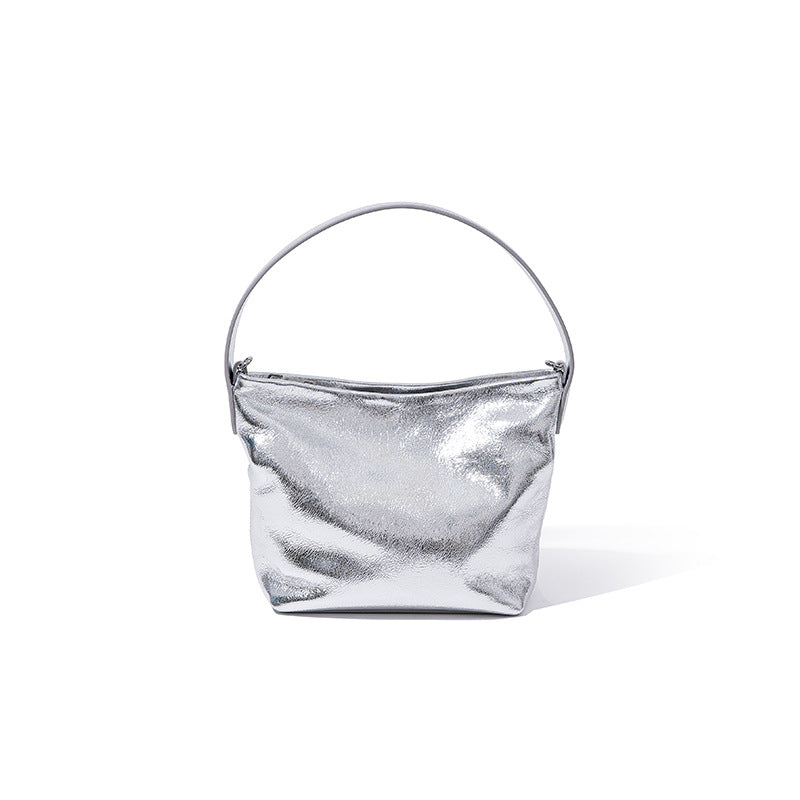 [Support customization] First-layer waxed cowhide handbag 2023 new niche silver bag high-end crossbody bag