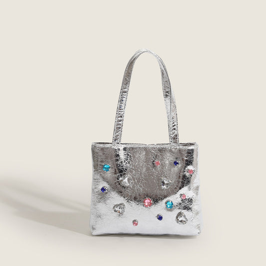 Niche design gemstone rhinestone bag for women 2023 summer new one-shoulder cross-body mobile phone silver tote bag