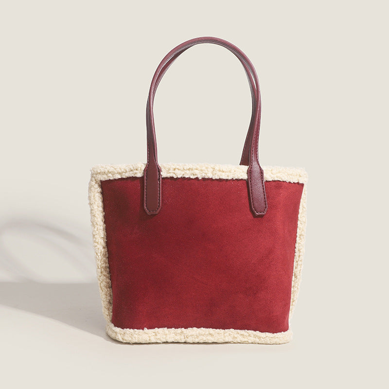 Lamb wool bag 2023 autumn and summer new style retro tote bag, fashionable and versatile one-shoulder handbag, vegetable basket bag