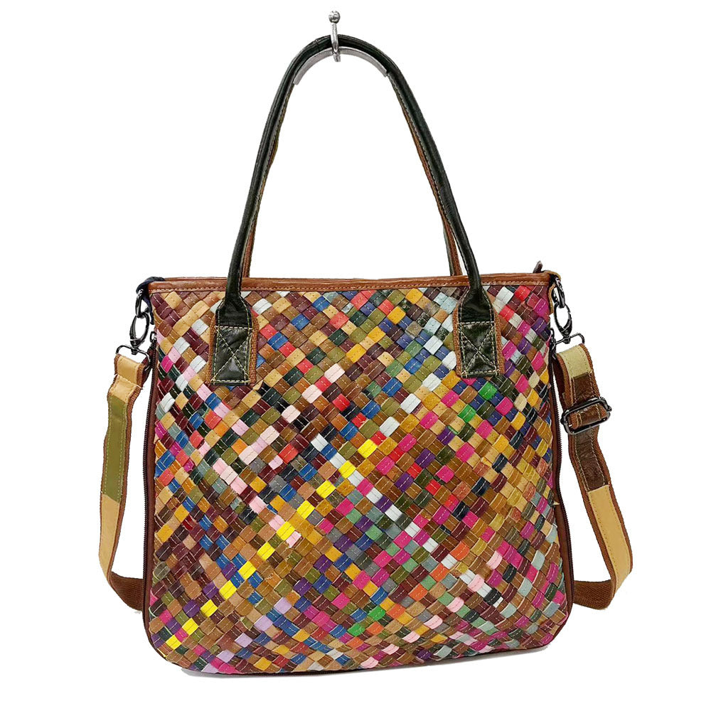 2023 European and American style retro ladies bag, colorful genuine leather hand-woven bag, shoulder crossbody bag, waxed cowhide bag