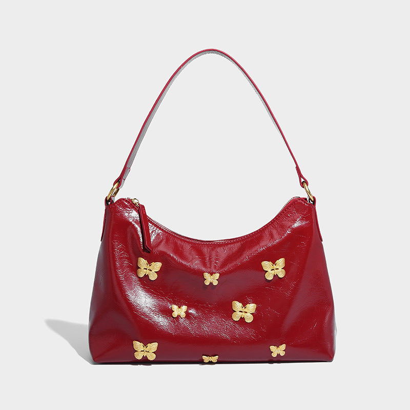 High-end textured armpit bag 2023 autumn and winter new style fashion versatile one-shoulder crossbody bag trendy red butterfly women's bag