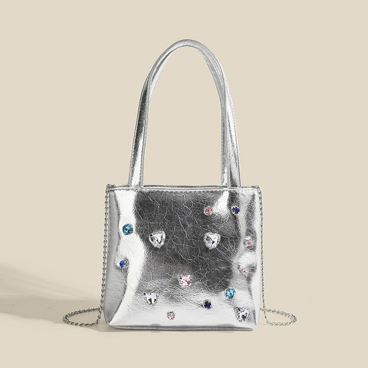 Soft leather rhinestone small bag women's handbag 2023 new mini chain bag lightweight small tote bag mobile phone bag silver