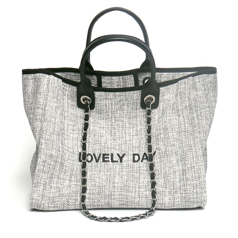 Popular shopping bag, small fragrant tote bag, high-end canvas with cowhide bag, large capacity shoulder bag, handbag