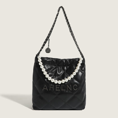 2023 new women's bag embroidery rhombus tote bag high-end solid color pearl chain armpit bag women's shoulder bag