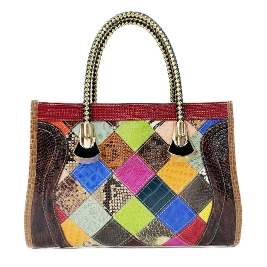 Guangzhou factory genuine leather women's bag European and American style colorful leather plaid stitching handbag cross-body bag women's bag one piece drop shipping