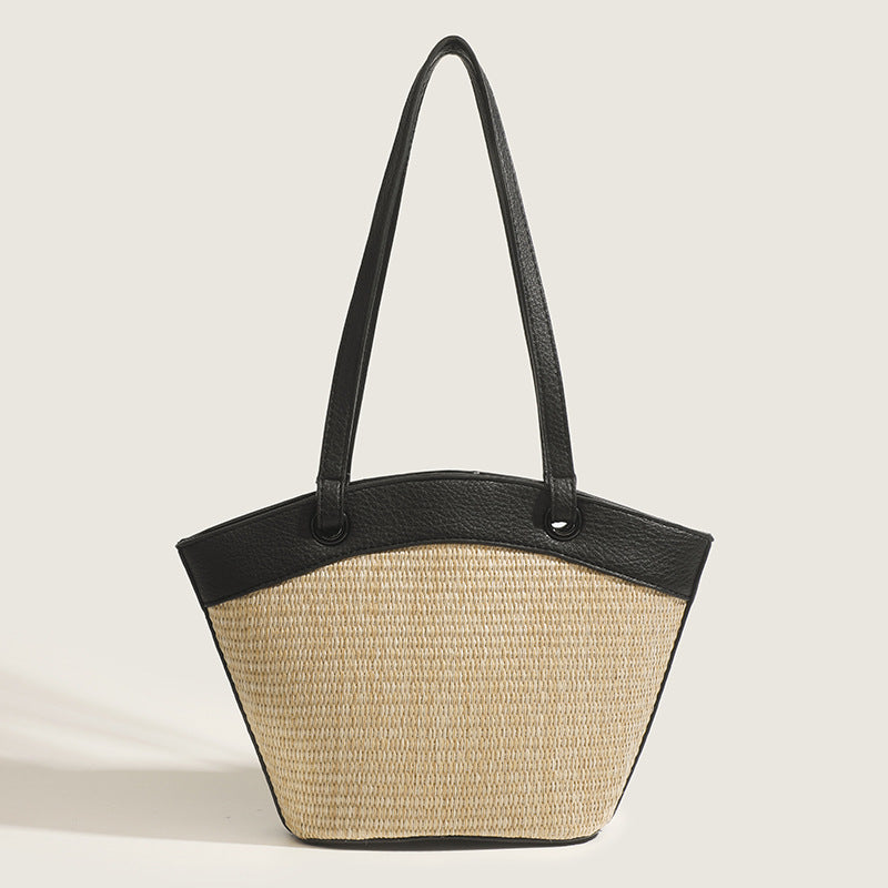 Straw bag for women on seaside vacation, beach casual, versatile, French retro vegetable basket shoulder bag, fashionable woven bag