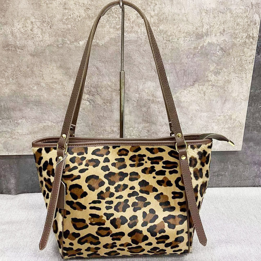 Spot European and American fashion women's bag genuine leather horse hair leopard print tote bag fashion versatile shoulder bag women's A4 file bag