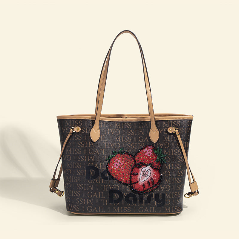 Women's new bag, versatile, large-capacity commuting tote bag, strawberry beaded, fashionable and personalized large bag