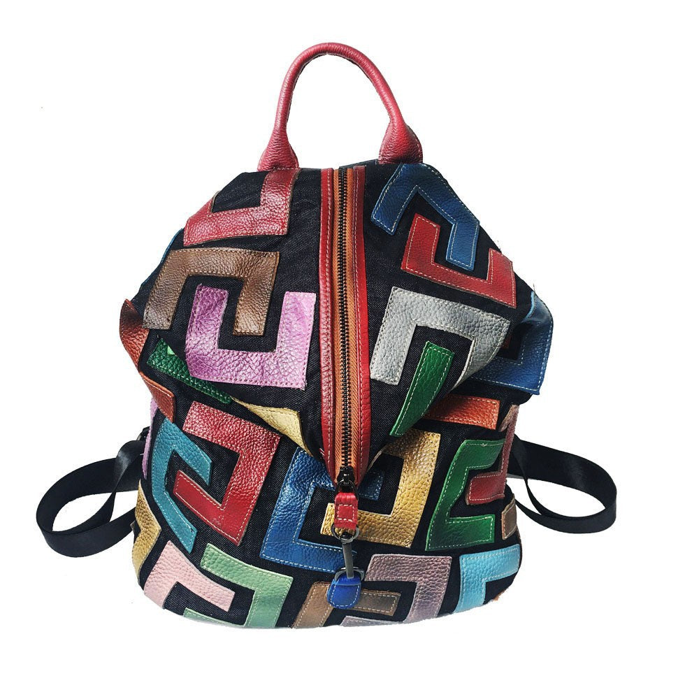 European and American new style genuine leather women's bag, colorful cowhide stitching backpack, retro casual women's bag, one-piece drop shipping