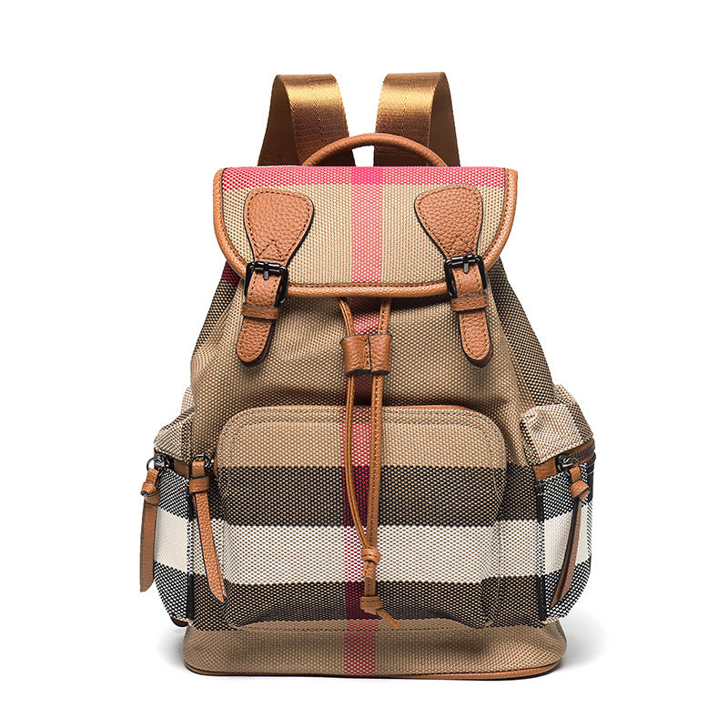 First-layer cowhide with plaid cloth backpack for women new style backpack travel bag student school bag