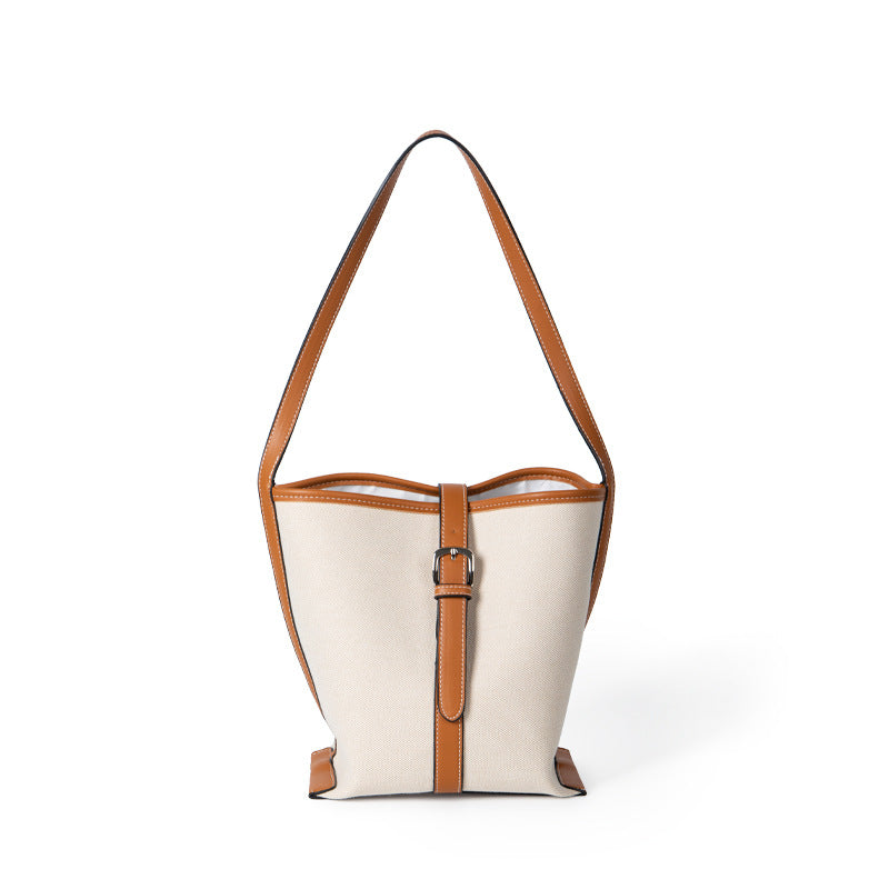 2022 new Korean style niche design textured canvas splicing bucket bag, simple and versatile large-capacity shoulder bag for women