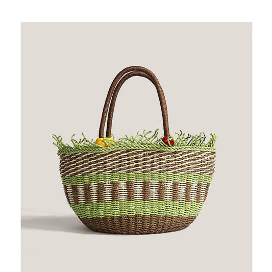 2023 Fruit Picnic Basket Beaded Weaving Holiday Beach Bag Cute Colorful Wooden Beads Hand Bag Pet Handbag