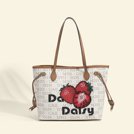 Women's new bag, versatile, large-capacity commuting tote bag, letter strawberry beaded fashion large bag