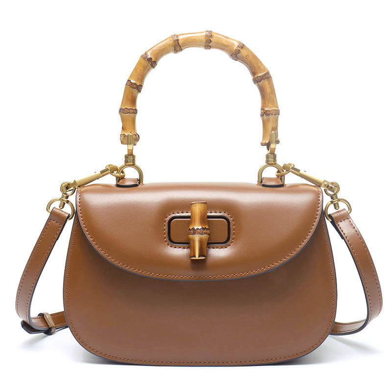 New genuine leather retro fashion cowhide high-end crossbody bag bamboo bag handbag saddle bag