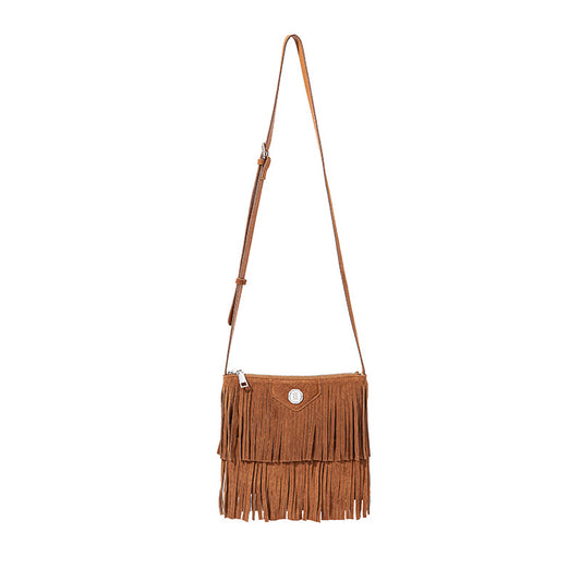 Quan Xiulin's same retro tassel bag, high-end frosted cowhide shoulder bag, niche design, American crossbody bag for women